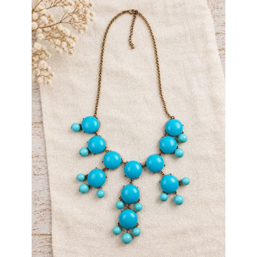 Vintage Turquoise Blue Bubble Bead Bib Statement Necklace Gold Tone Adjustable